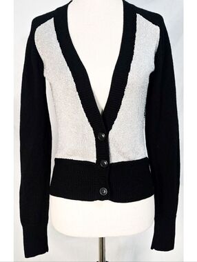 Kookai Wool Navy Blue Metallic Silver Cardigan Sweater Classic Fitted Knit